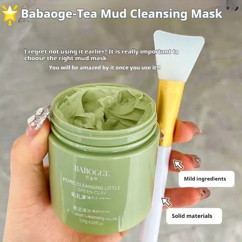 Babaoge tea mud cleansing facial mask in a green jar with a spatula, ideal for deep pore cleansing and skincare.