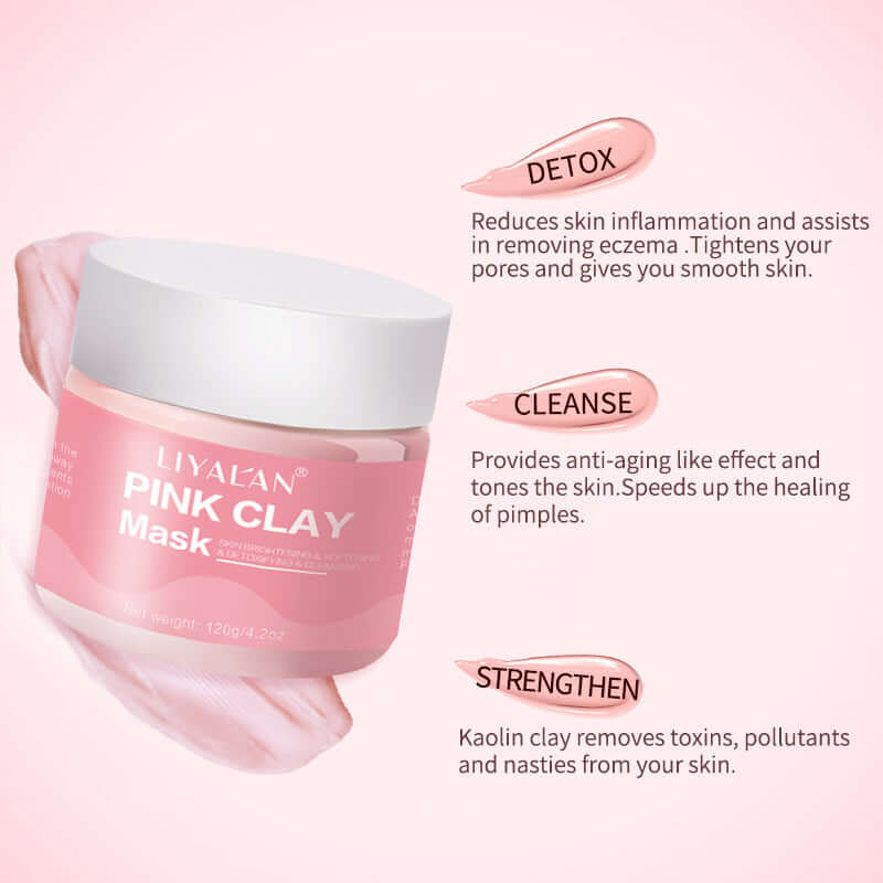 Liyalan pink clay mud mask shown with benefits including detox, cleanse, and strengthen for smoother skin.