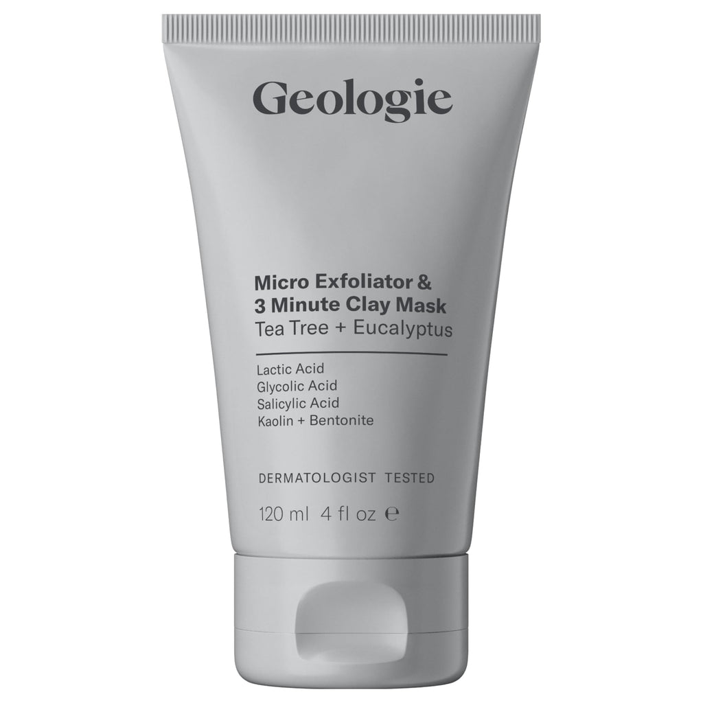 Geologie Micro Exfoliator & Clay Mask | 3-in-1 Deep Cleansing Face Wash Pore Refining Mask & Skin Exfoliant | Tea Tree & Eucalyptus Scent For Men & Women | 4 fl oz