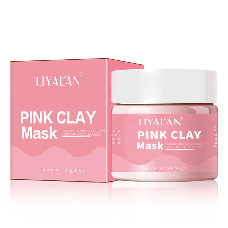 Pink Clay Mud Mask packaging and jar showcasing skincare benefits and cleansing properties.