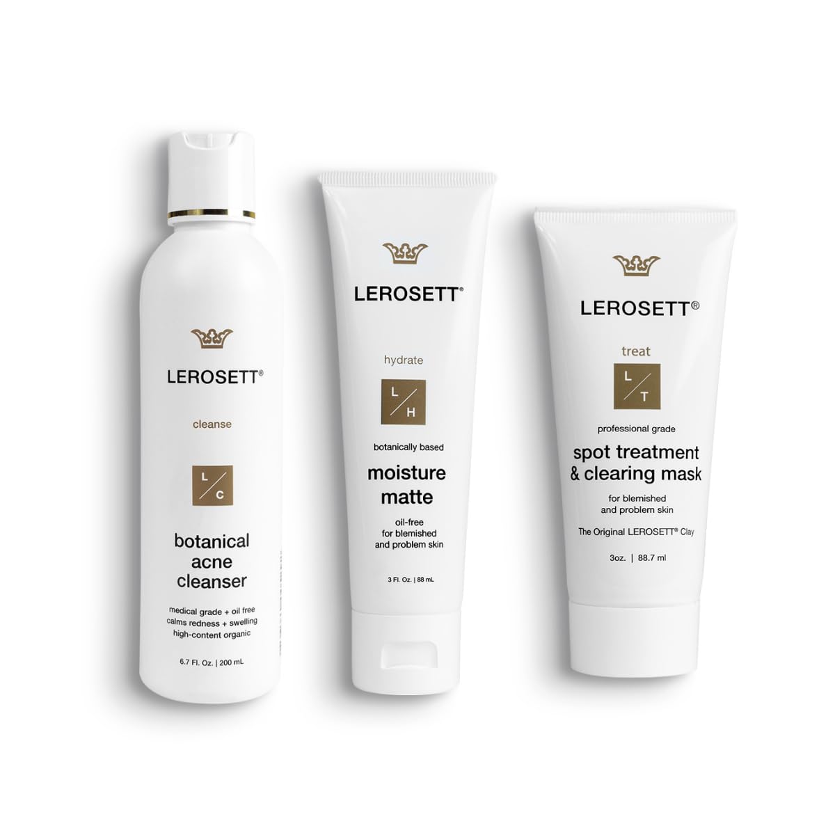 LEROSETT Acne Kit Includes Cleanser Moisturizer & Spot Treatment Mask Organic Calming Aloe & Clay Based Clears Acne Pimples Blackheads & Breakouts Vegan Acne Kit For All Skin Types