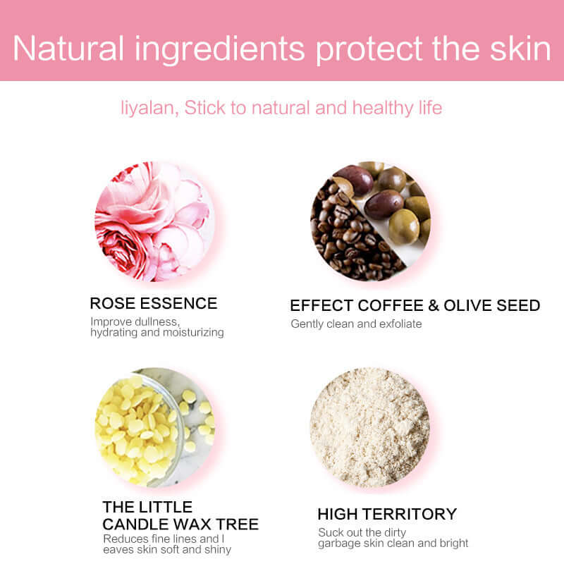 Natural ingredients in pink clay mud mask including rose essence, coffee, olive seed, candle wax tree, and high territory.